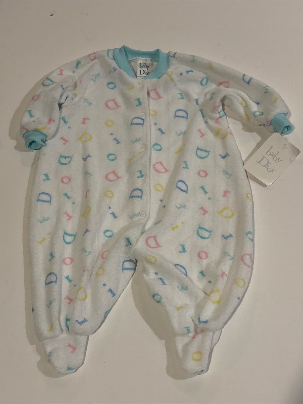 Vintage Baby Dior Logo Footed Sleeper Pastel Alphabet Terry Sz Medium NEW